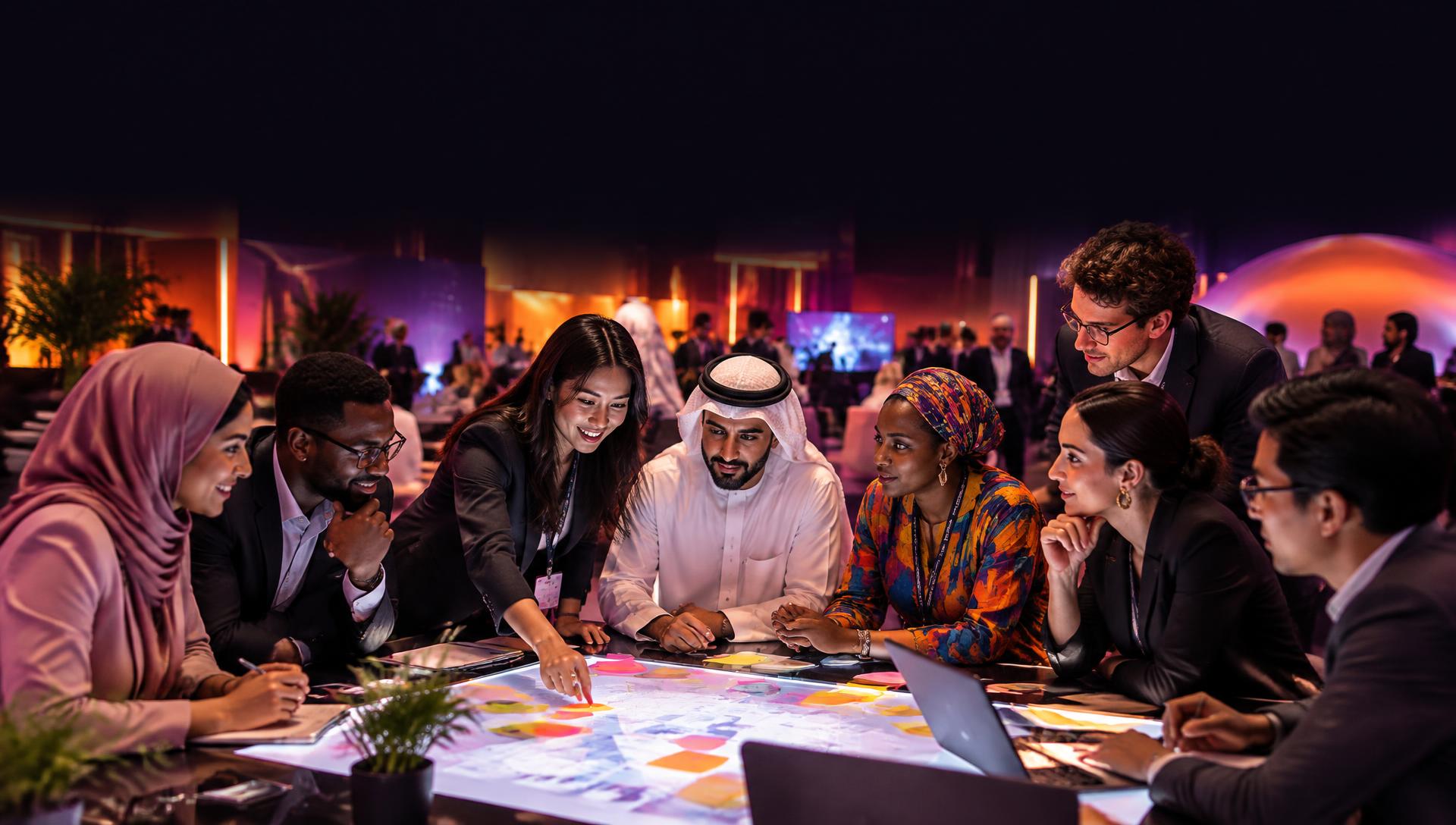 A diverse team collaborating at an innovation summit