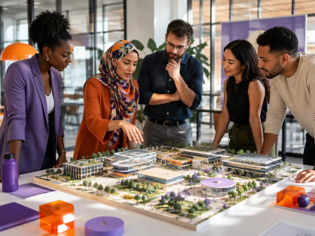 A diverse team studying a physical model of an innovation hub campus