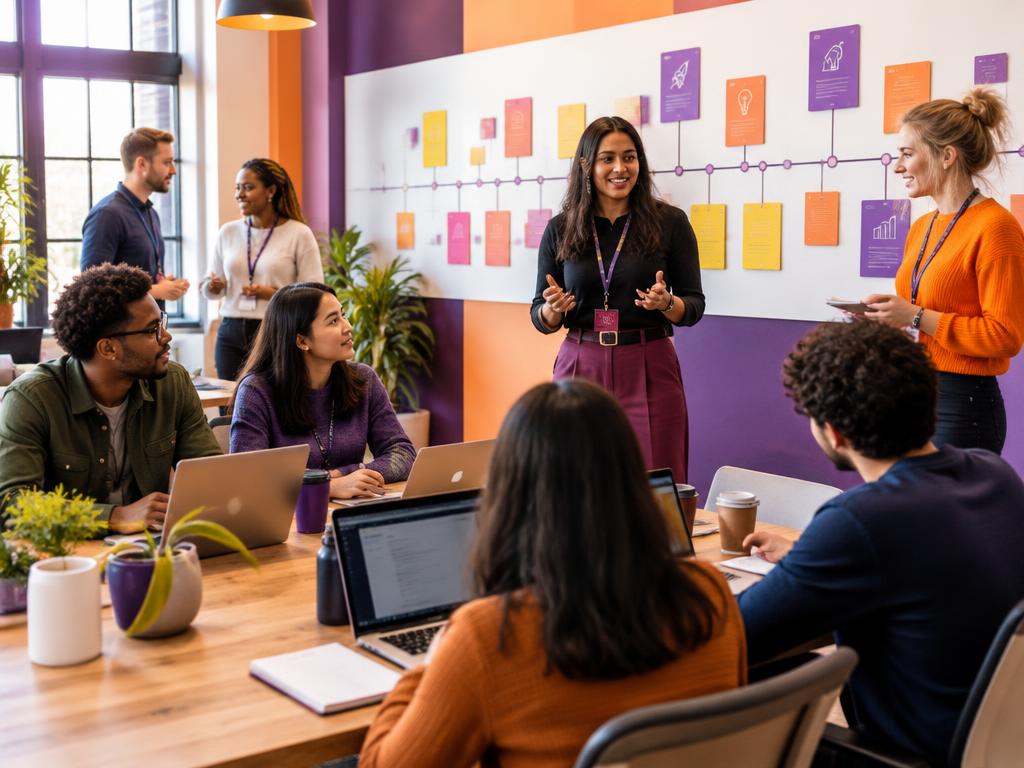 Programme managers coordinating a startup cohort around a wall timeline