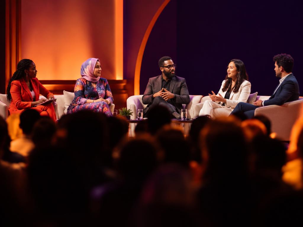 A diverse panel in conversation on a warmly lit summit stage